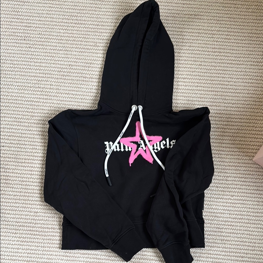 Palm Angels Black Hoodie with Pink Star and White Drawstrings